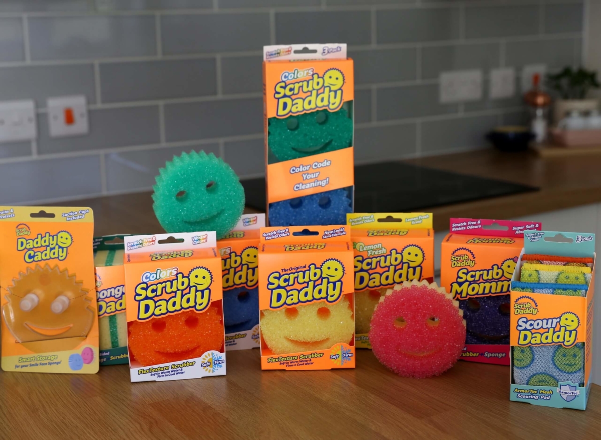 Image of the scurb daddy product line featuring the different types of sponges and their packaging