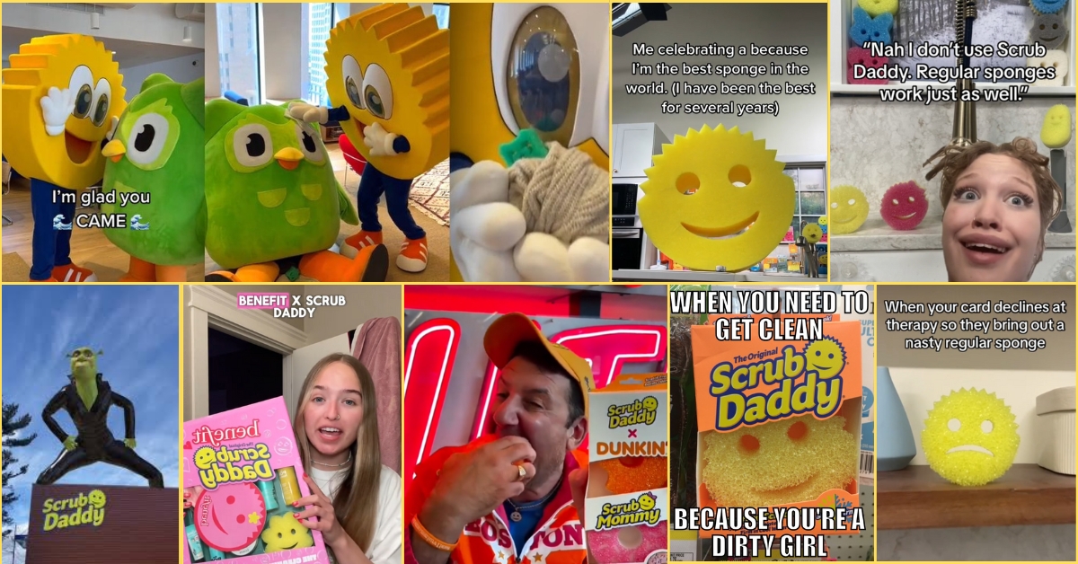 a collage of various tiktok memes and brand collaborations by Aaron Krause's brand scrub daddy.